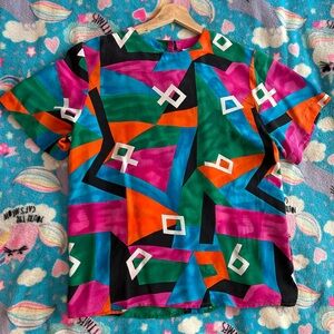 Pat Argenti 80s or 90s Color Block Abstract Silk Blouse